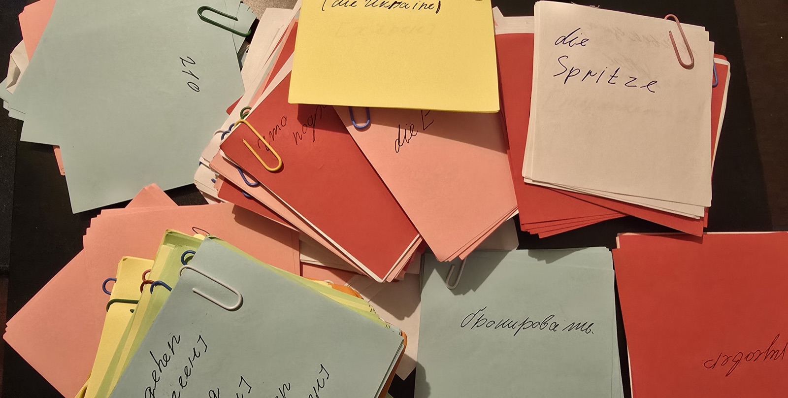 Ein Stapel Karteikarten mit Büroklammern — handgeschriebene Wörter auf farbigem Papier
